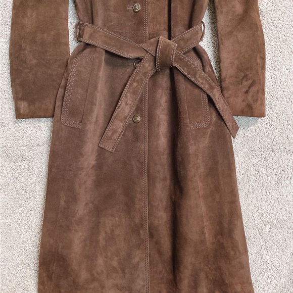 Brown Suede Leather Trench Coat - Picture 6 of 14